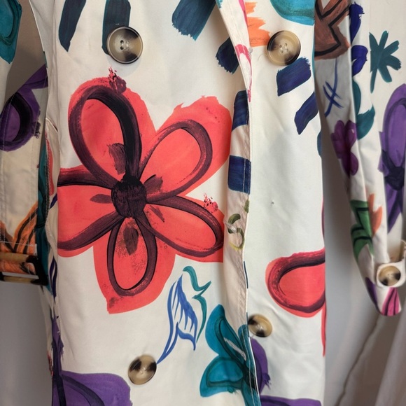 Rare DESIGUAL happy flower white trench coat graffiti paint Large - Picture 5 of 9